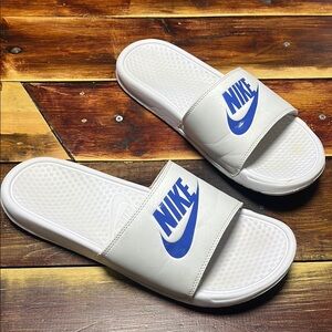 Nike White and Blue Slides